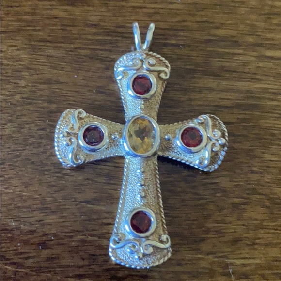 Sterling S gold plated garnet citrine stone cross - Picture 1 of 4